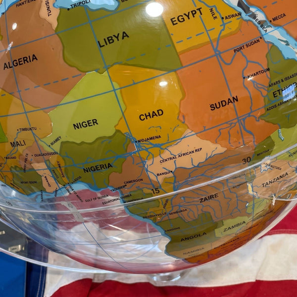 Vintage South - Up World Globe (McArthur Projection) w/ Clear Lucite Stand – 16” - Gauntlet Gallery