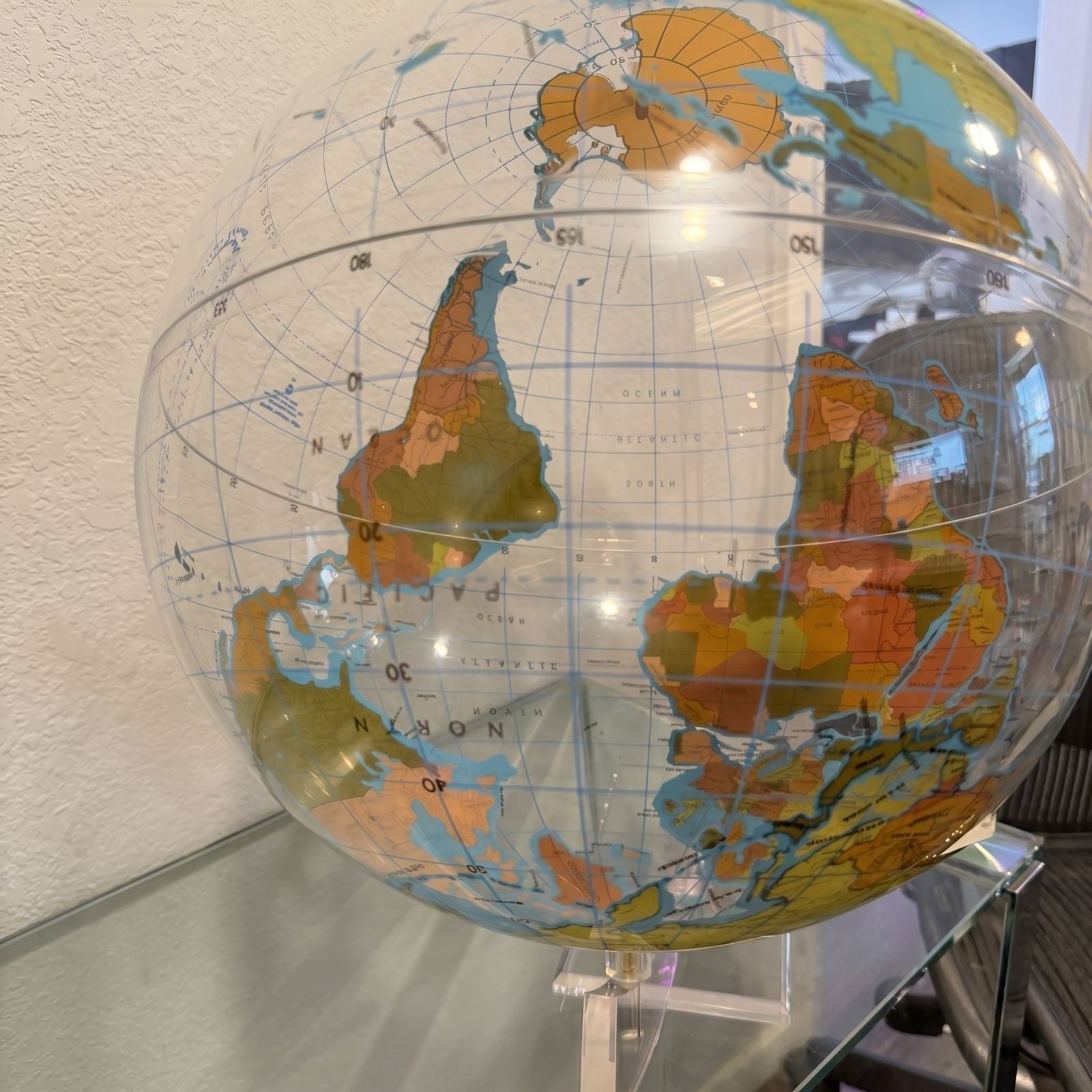 Vintage South - Up World Globe (McArthur Projection) w/ Clear Lucite Stand – 16” - Gauntlet Gallery