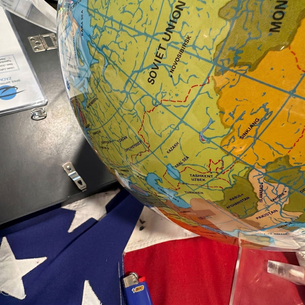 Vintage South - Up World Globe (McArthur Projection) w/ Clear Lucite Stand – 16” - Gauntlet Gallery