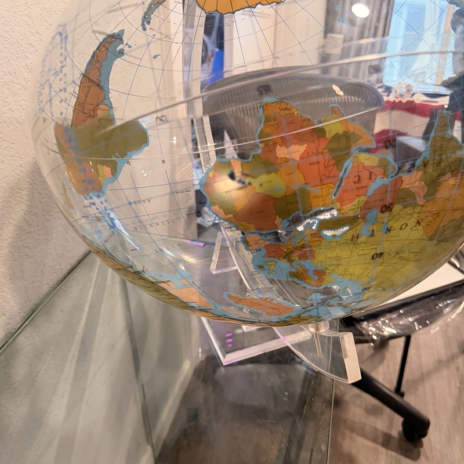 Vintage South - Up World Globe (McArthur Projection) w/ Clear Lucite Stand – 16” - Gauntlet Gallery