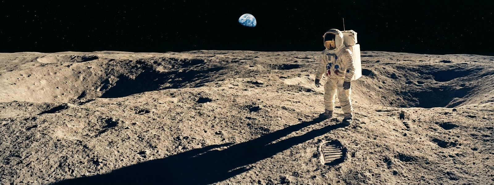 Apollo 11 astronaut in a white spacesuit on the grey lunar surface beside a single bootprint, Earth a small blue marble in the black sky