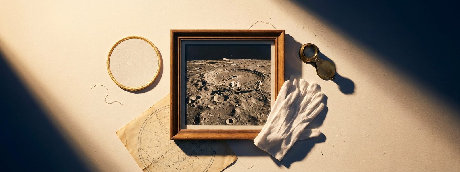 Archival flat-lay of a framed vintage lunar photograph, a blank embroidered mission patch, a folded star chart, white cotton gloves, and a brass loupe