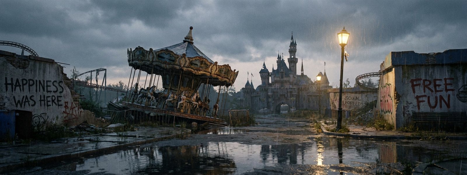 A moody dusk cityscape with an illuminated gallery window displaying stencil works, atmospheric and cinematic