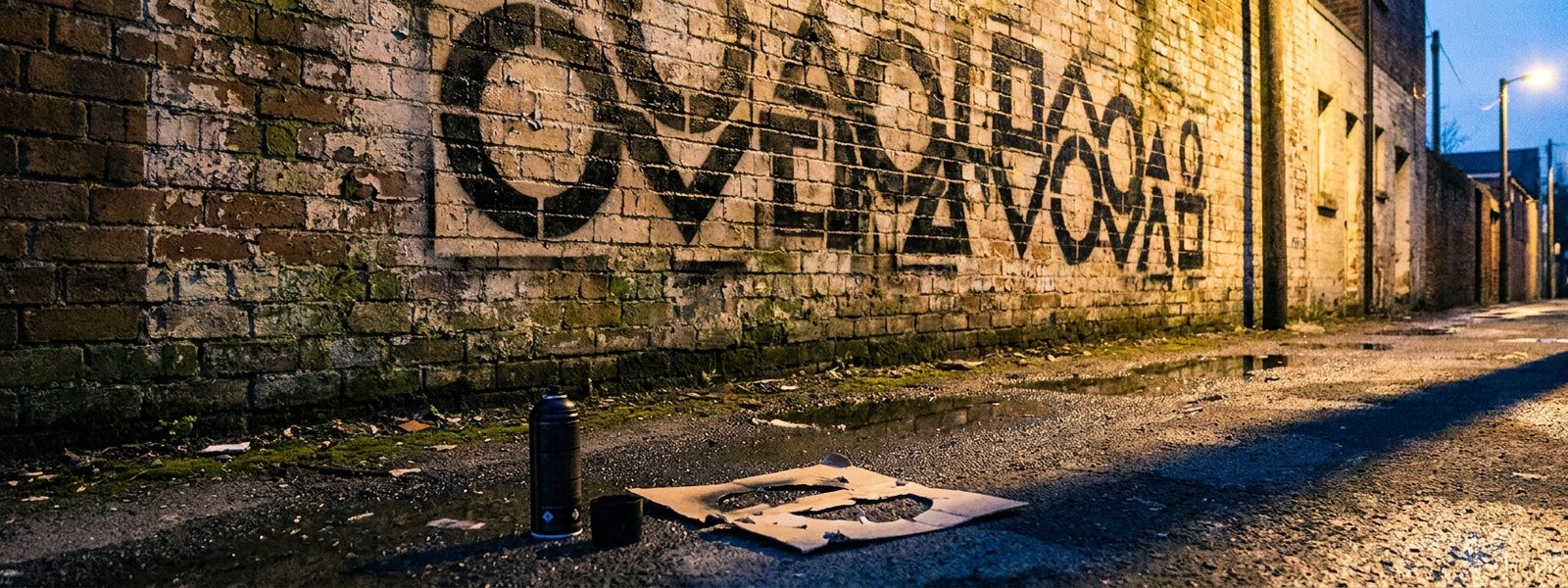 A weathered brick wall bearing a crisp black stencil in Banksy's visual language, spray can and hand-cut cardboard stencil resting below