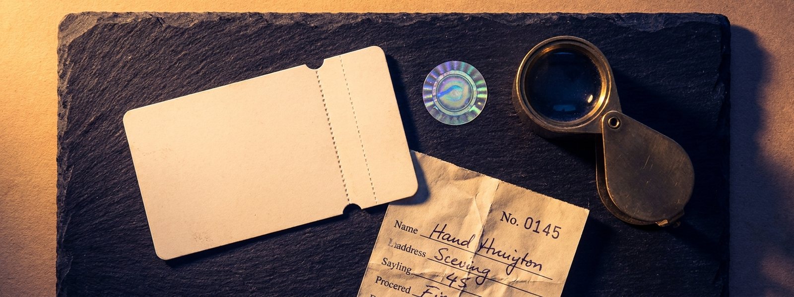 A top-down flat-lay of provenance paperwork: a certificate card, a numbered receipt, a gallery invoice and a brass magnifying loupe on a dark surface