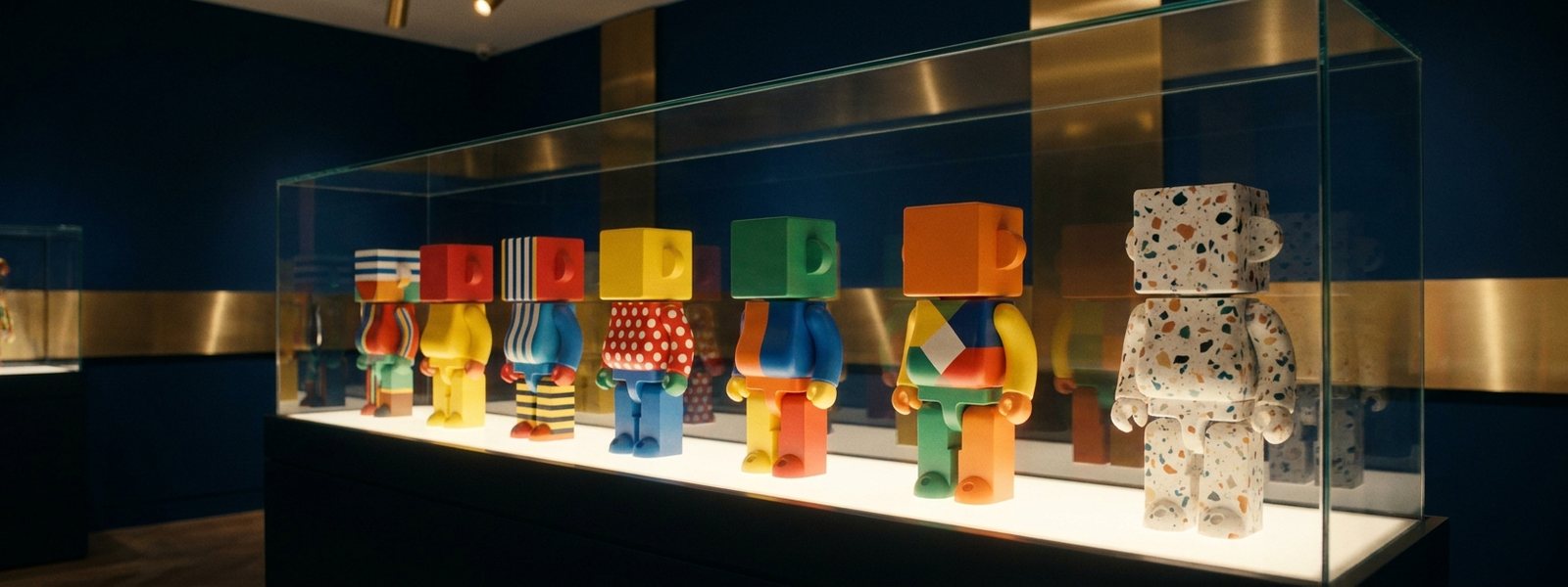 Backlit gallery display case holding a row of collectible vinyl art figures