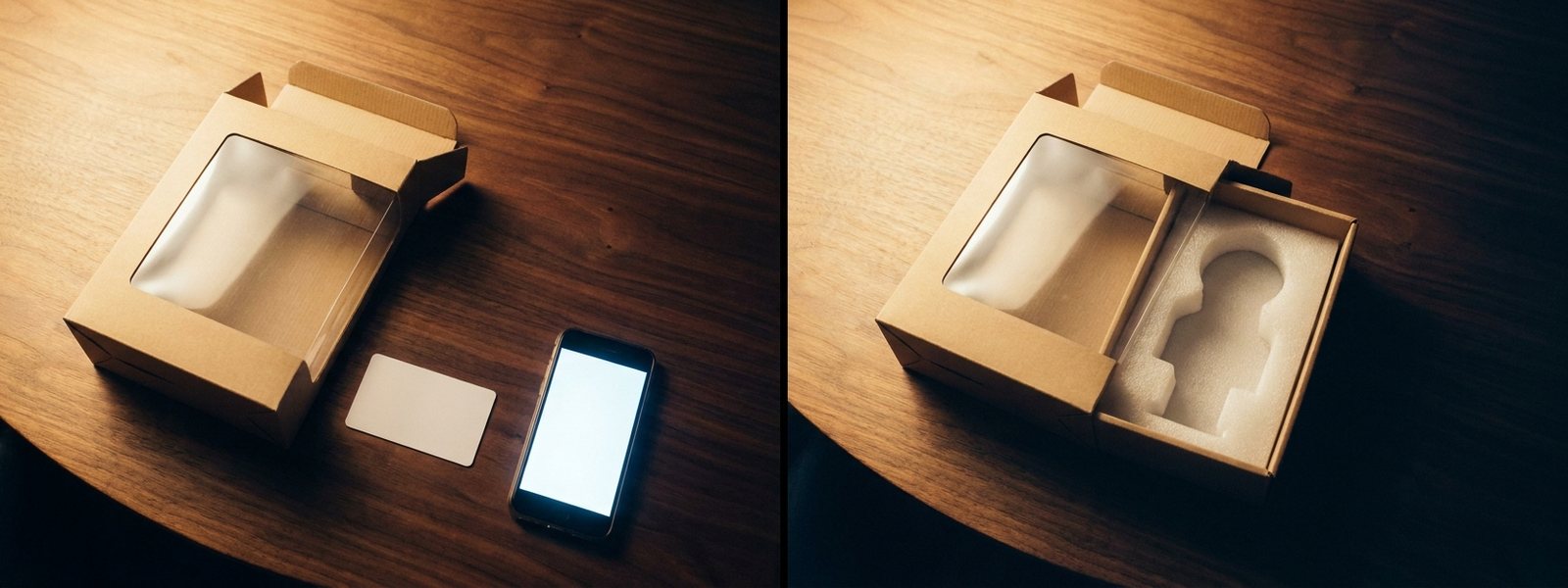 Collectible figure packaging box with foam insert, NFC authentication card, and a phone verification screen