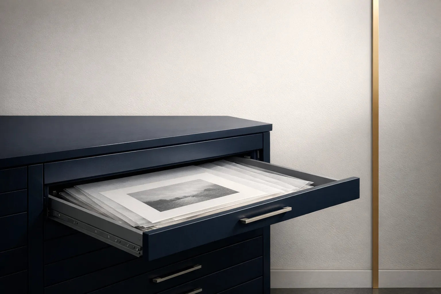 Archival fine-art prints in a gallery flat-file drawer