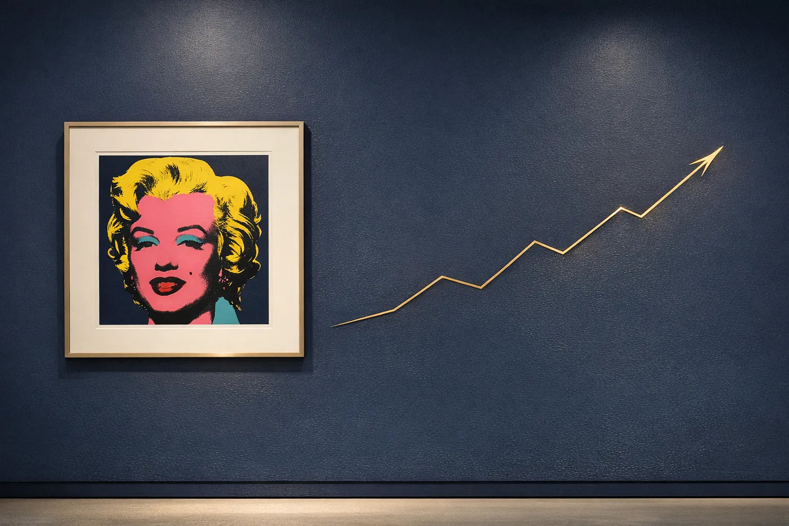 Framed pop-art print beside a rising gold market trend line