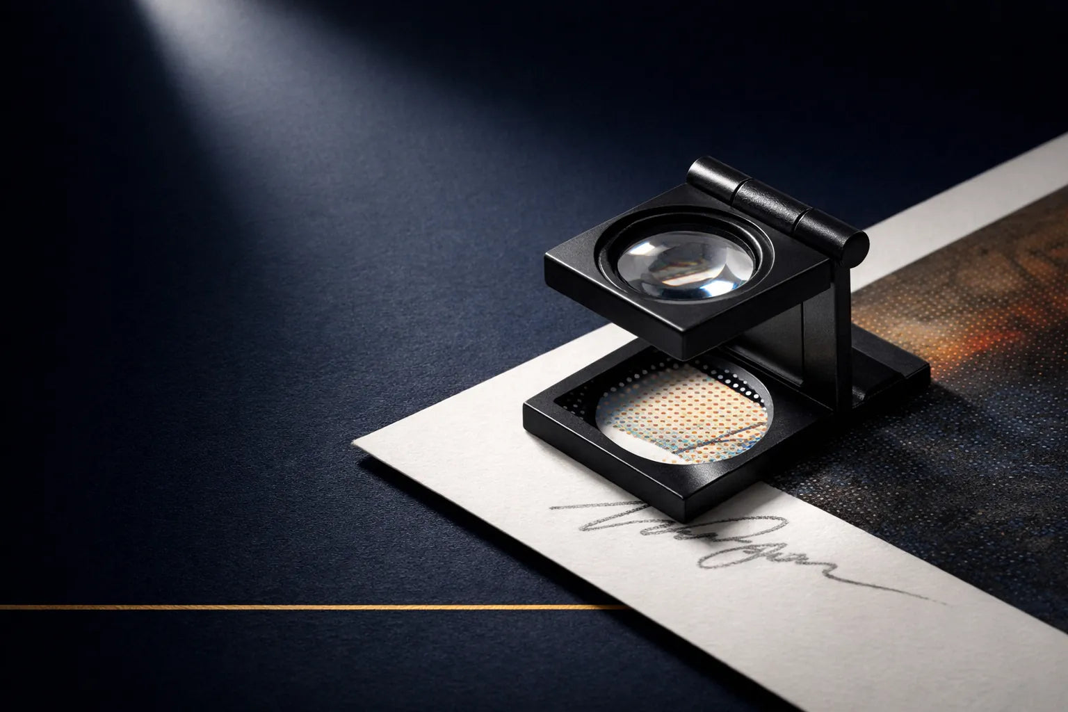 Loupe revealing halftone dots and signature on a fine-art print