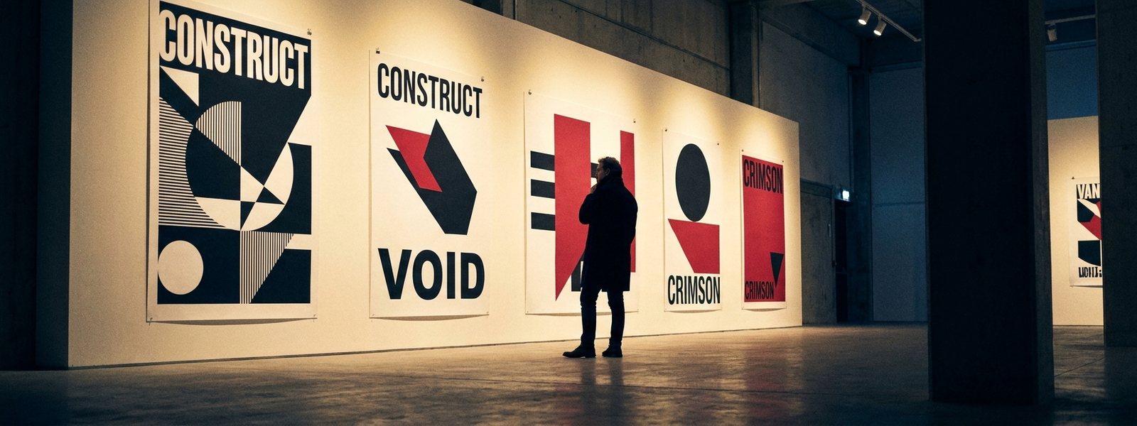 A collector studies bold black, white and crimson graphic prints on a gallery wall under champagne-gold light