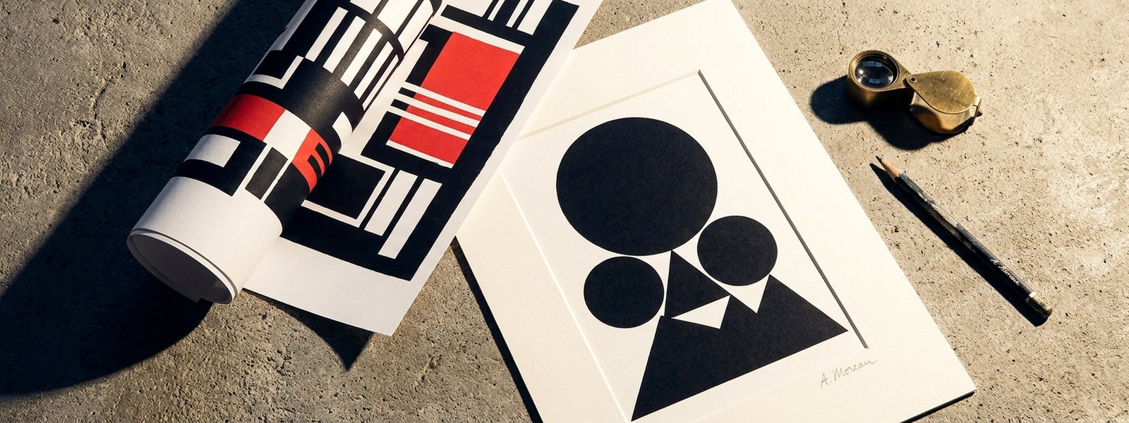 Flat-lay of a rolled black-white-and-red graphic poster, a pencil-signed matted print, a brass loupe and a graphite pencil on raw concrete