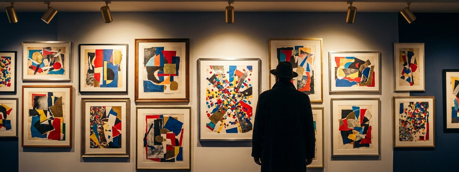 Original abstract pop-collage prints on a champagne-lit gallery wall, viewed by a collector