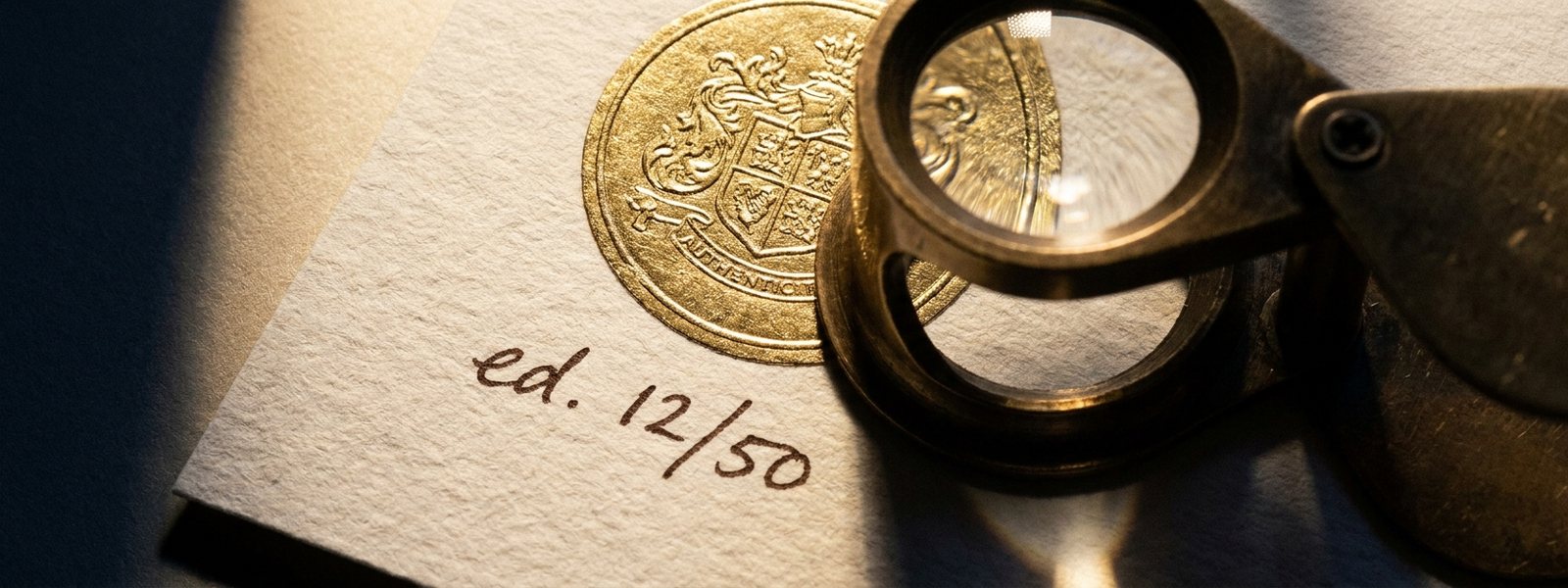 Macro close-up of an embossed gold authenticity seal and hand-written edition number on cotton paper under a brass loupe