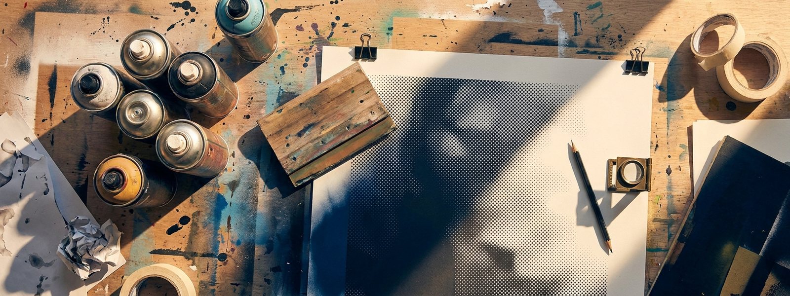 A street-pop studio flat-lay with spray cans, a squeegee and a halftone-dot print drying under gold light