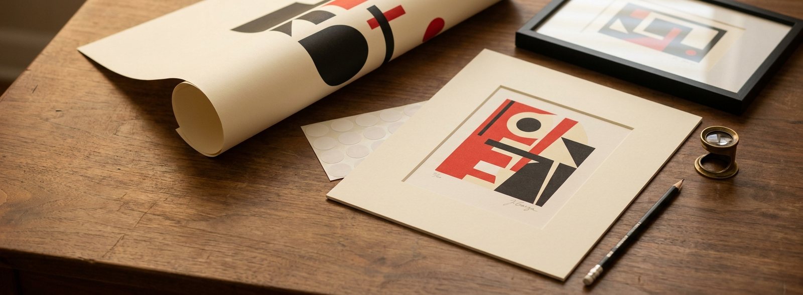 A flat-lay of print formats: rolled poster, sticker sheet, matted signed print and a loupe