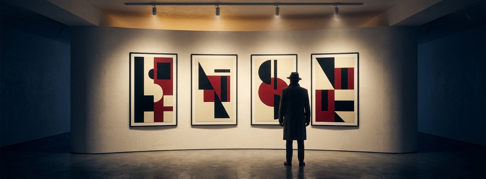 A collector contemplating a row of bold graphic prints on a warm gallery wall