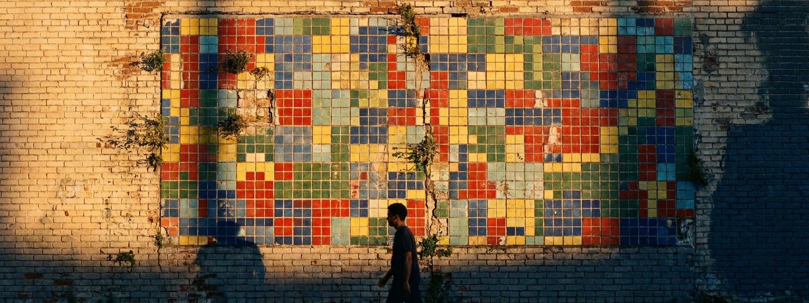 An original abstract ceramic-tile mosaic in a geometric grid on a weathered city wall, warm late-afternoon light