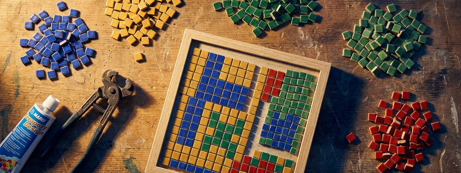 A workbench flat-lay of loose colored ceramic mosaic tiles, tile nippers, grout and a framed abstract tile-grid artwork