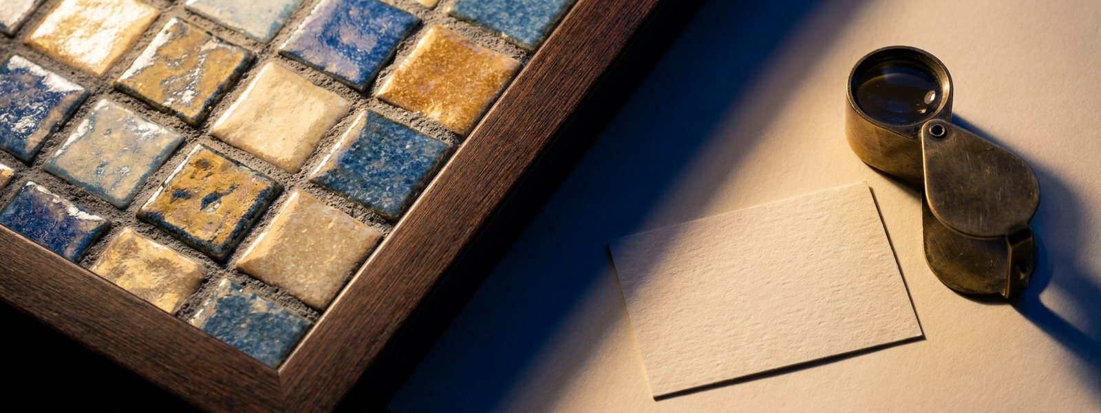 Extreme macro of a framed ceramic-tile mosaic corner beside a blank authentication certificate card and a brass loupe