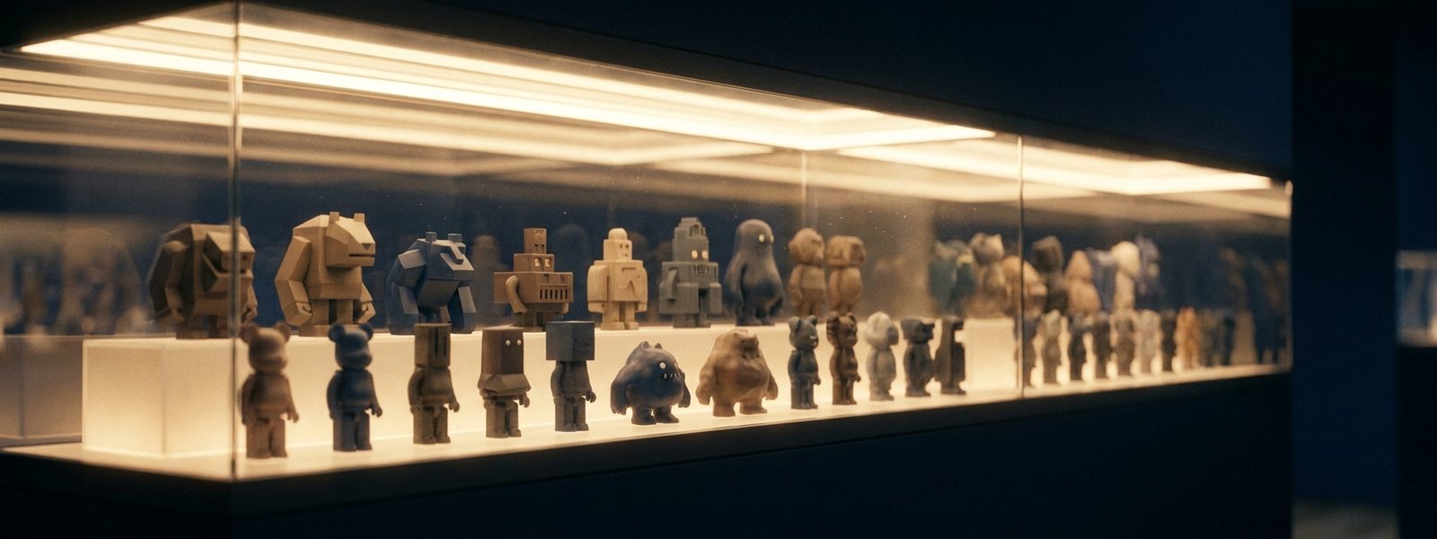 Generic abstract collectible art figures backlit in a dim gallery display case