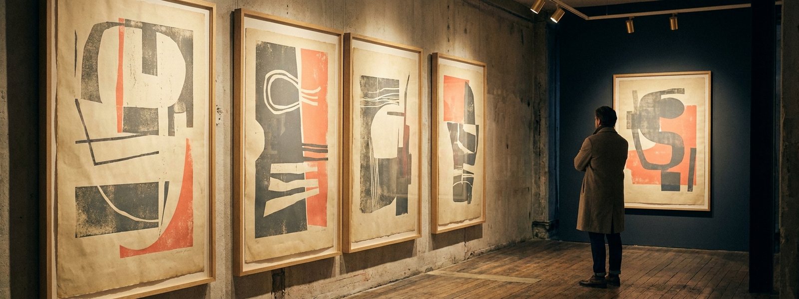 Collector viewing a wall of original bold abstract screen prints under warm gallery light