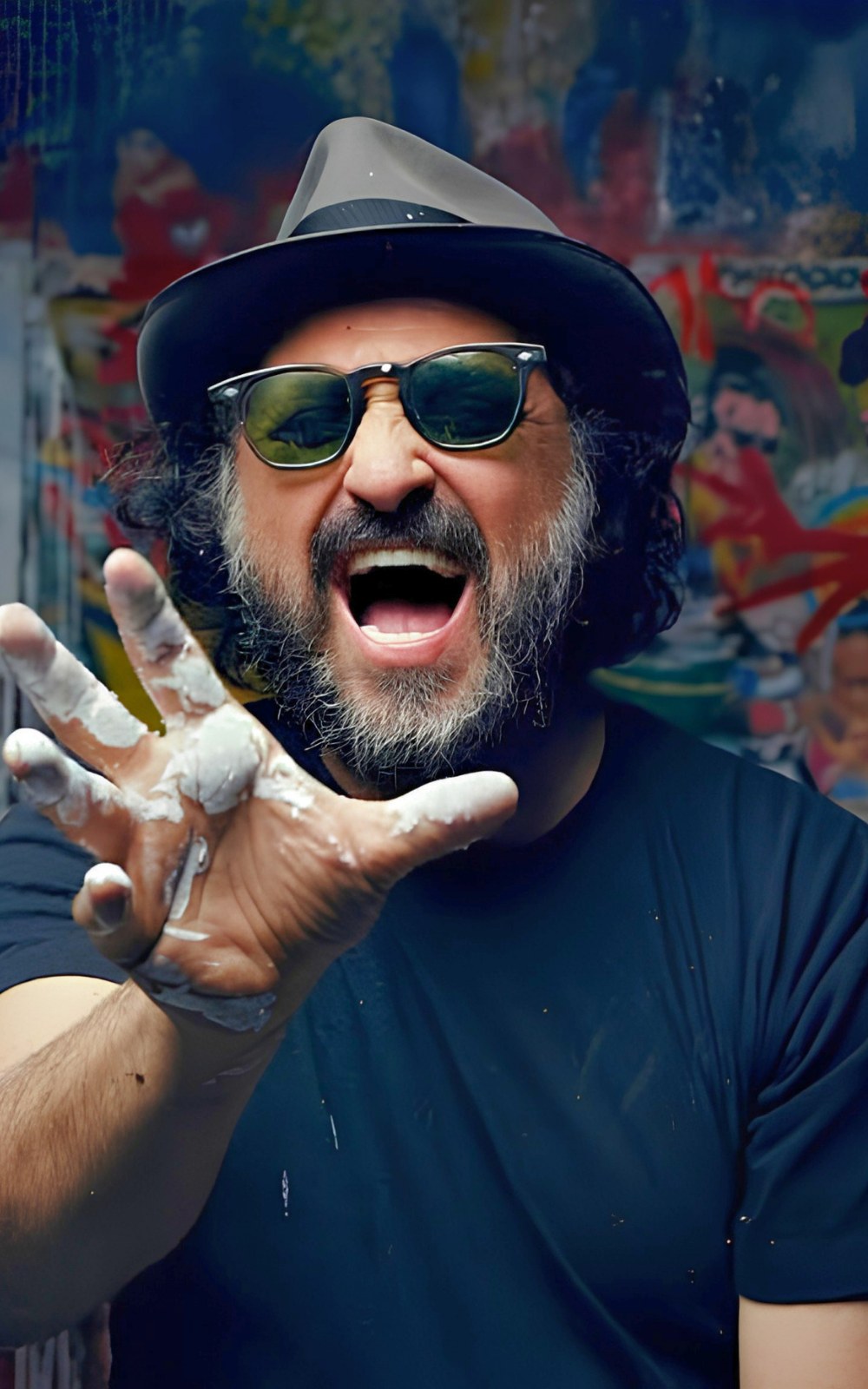 The artist Mr. Brainwash (Thierry Guetta) in his studio with paint on his hand