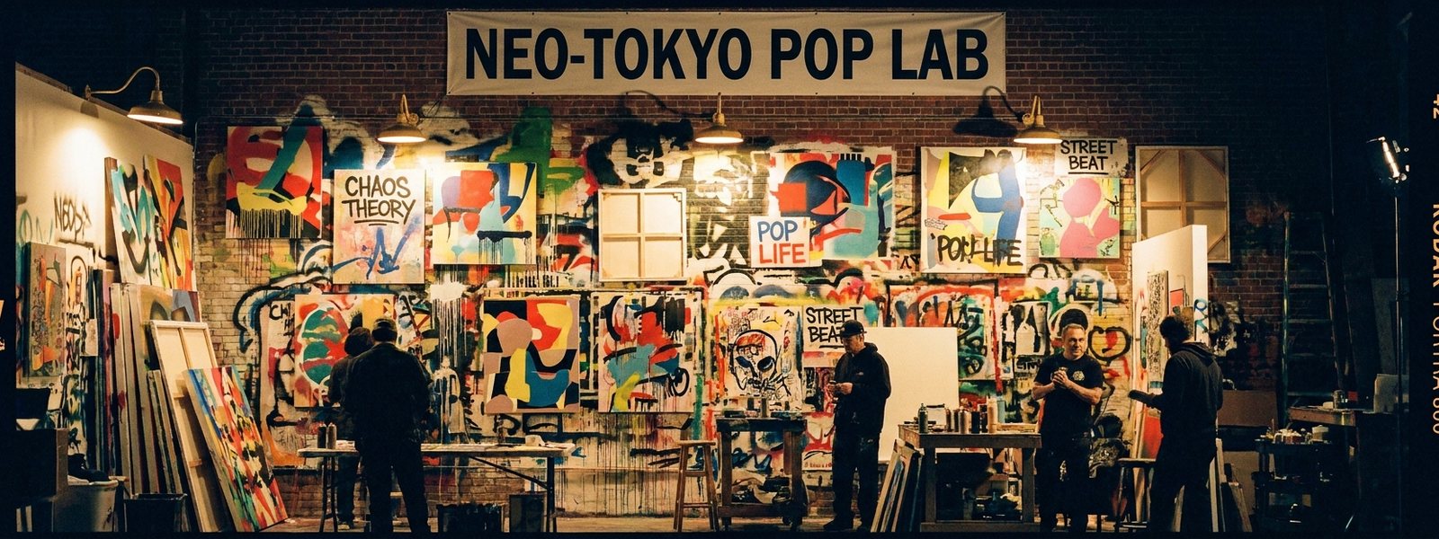 Street-pop art studio wall layered with original abstract spray-paint and screenprint compositions