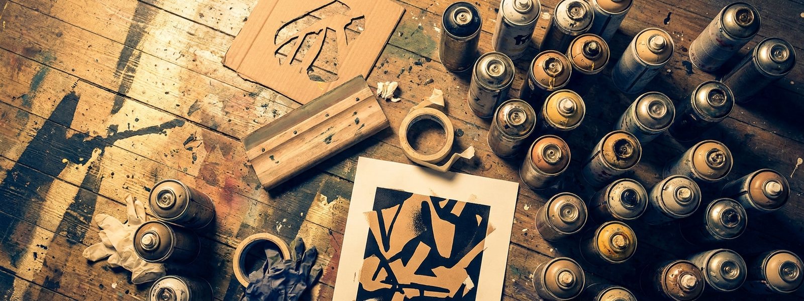 Flat-lay of aerosol spray cans, a screenprint squeegee, a hand-cut stencil and a bold abstract print