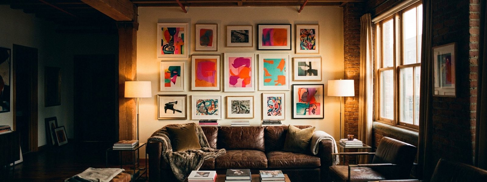Collector's loft wall salon-hung with framed original colorful street-pop abstract prints above a leather sofa
