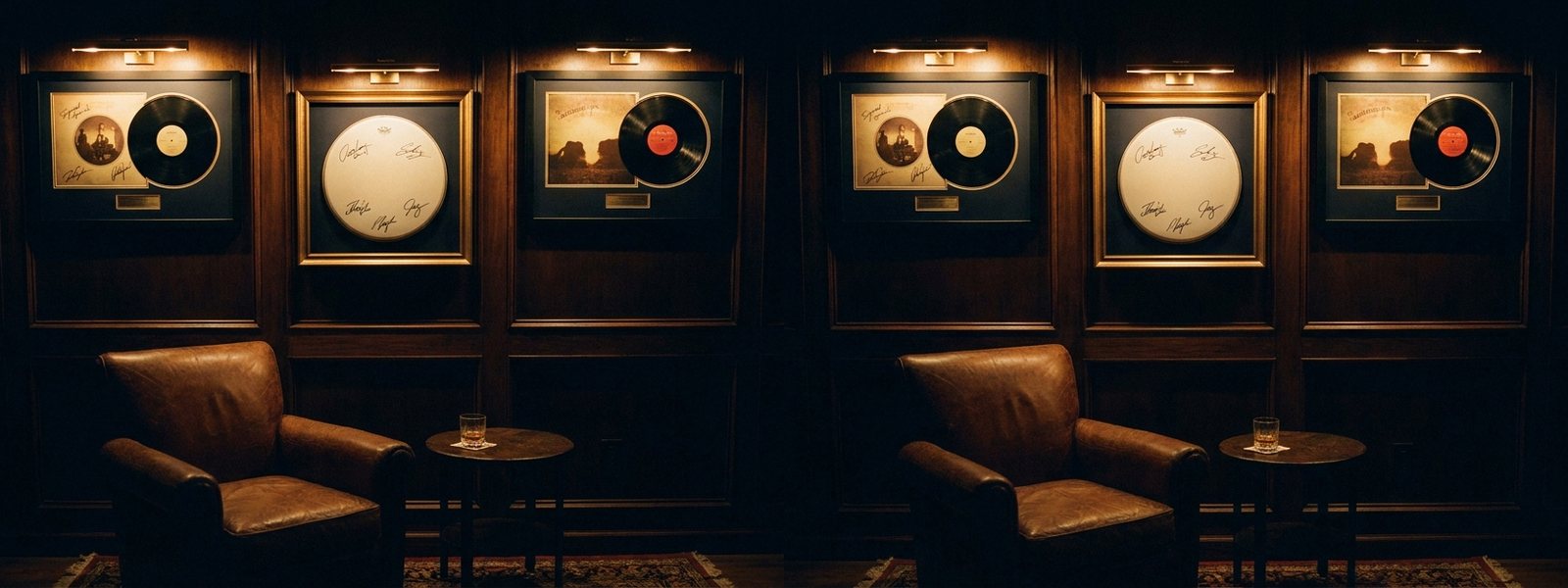A dim collector's music room wall of framed signed vinyl records and a signed drumhead under warm champagne-gold picture lights