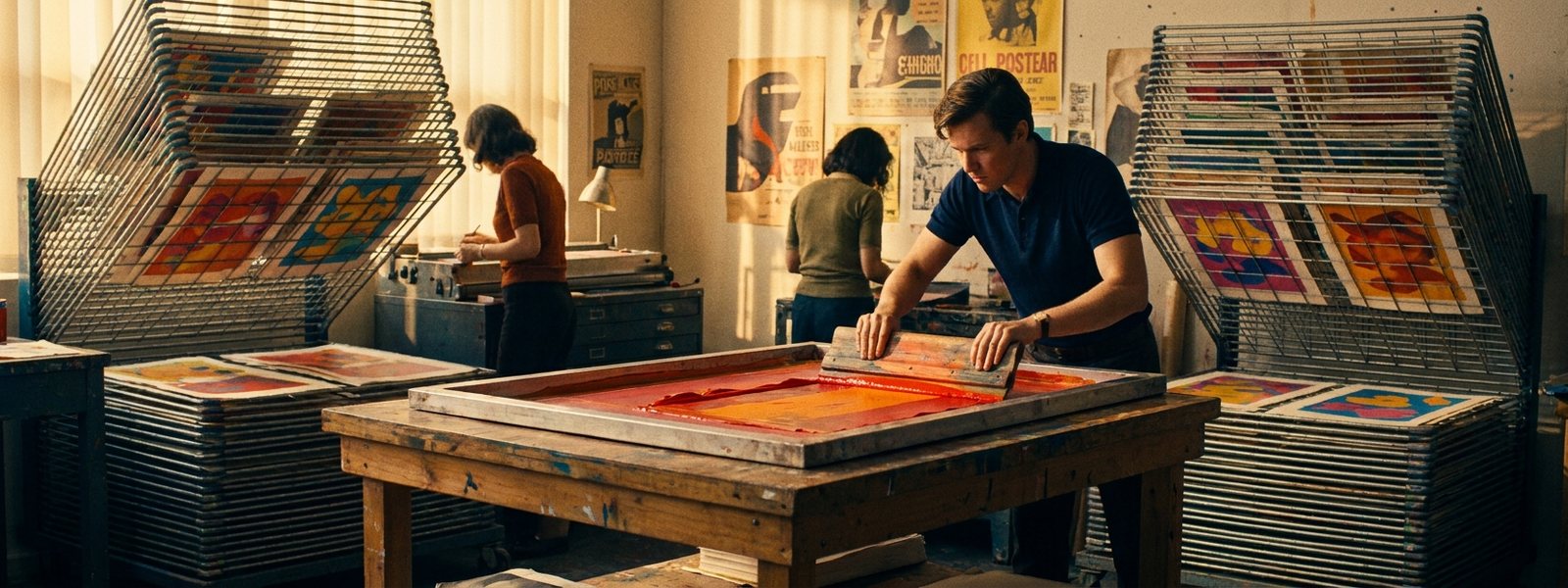 A 1960s-style silkscreen printing studio with drying racks of bold abstract pop-art prints