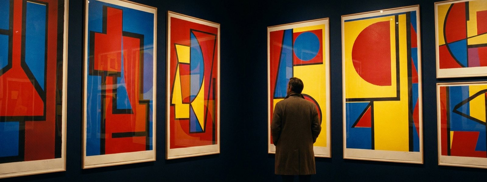 A gallery wall of bold abstract pop-art screen prints viewed by a collector