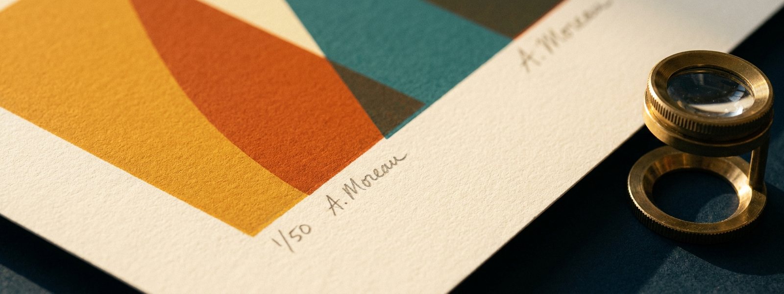 Macro of a silkscreen print surface showing layered flat colour, edition number and signature