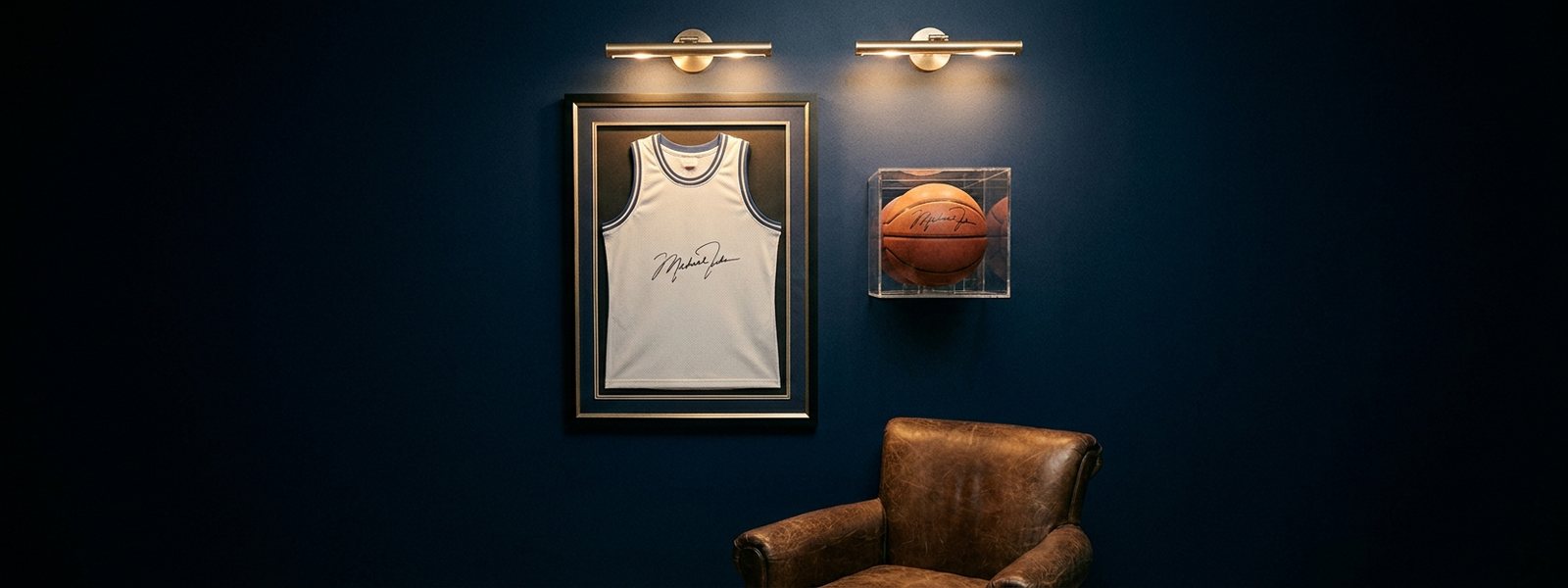 A framed signed athletic jersey and a signed ball in a display case under warm gold picture lights in a collector's sports room
