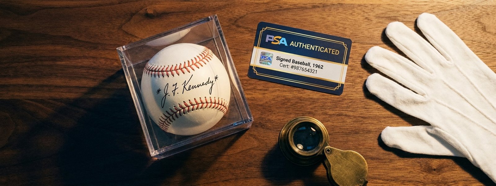 A signed baseball in a clear acrylic display cube beside an authentication card with a hologram, white cotton gloves and a brass loupe