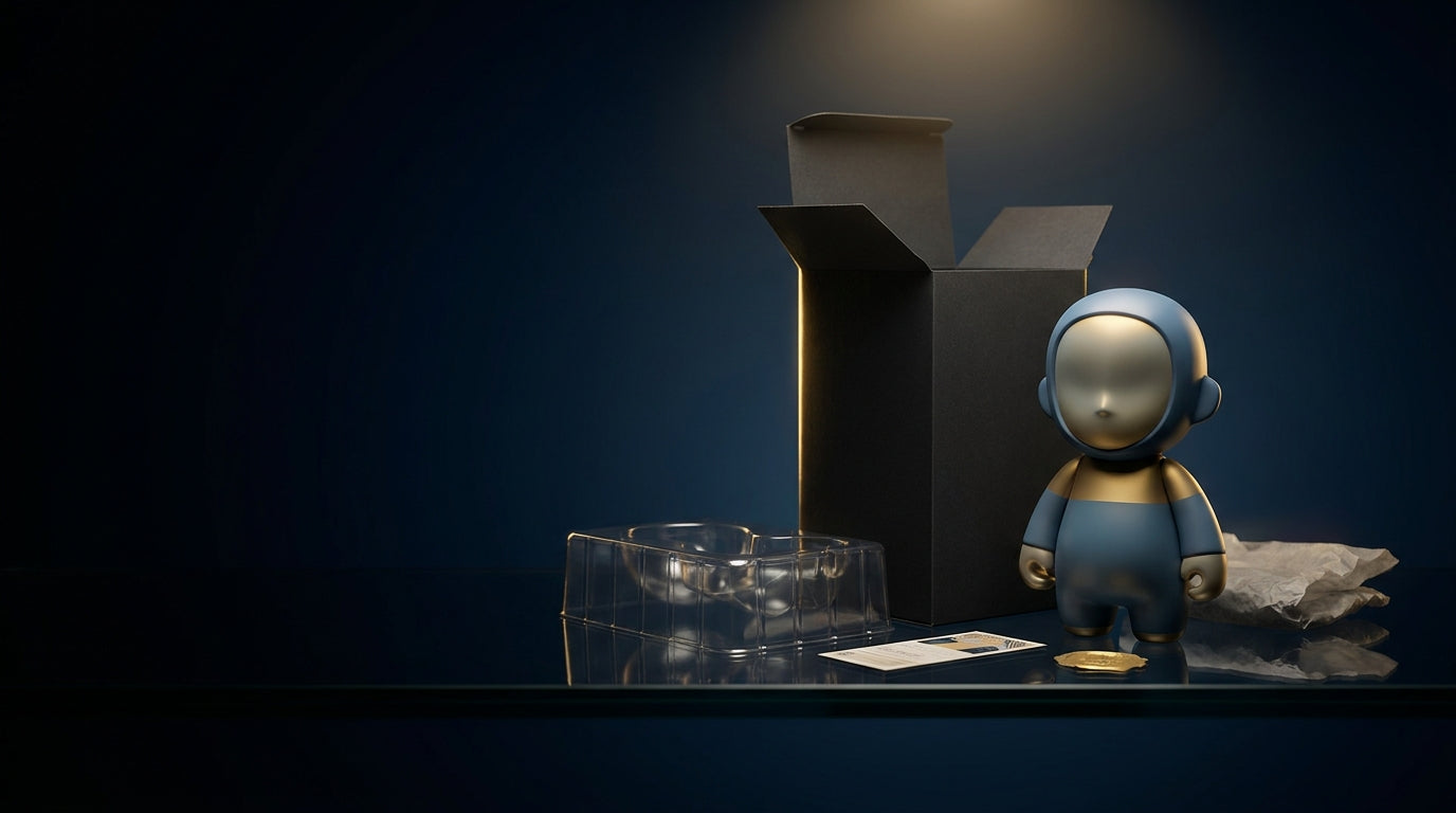 Collectible art-toy figure beside its opened packaging, box, tray, label and authentication seal