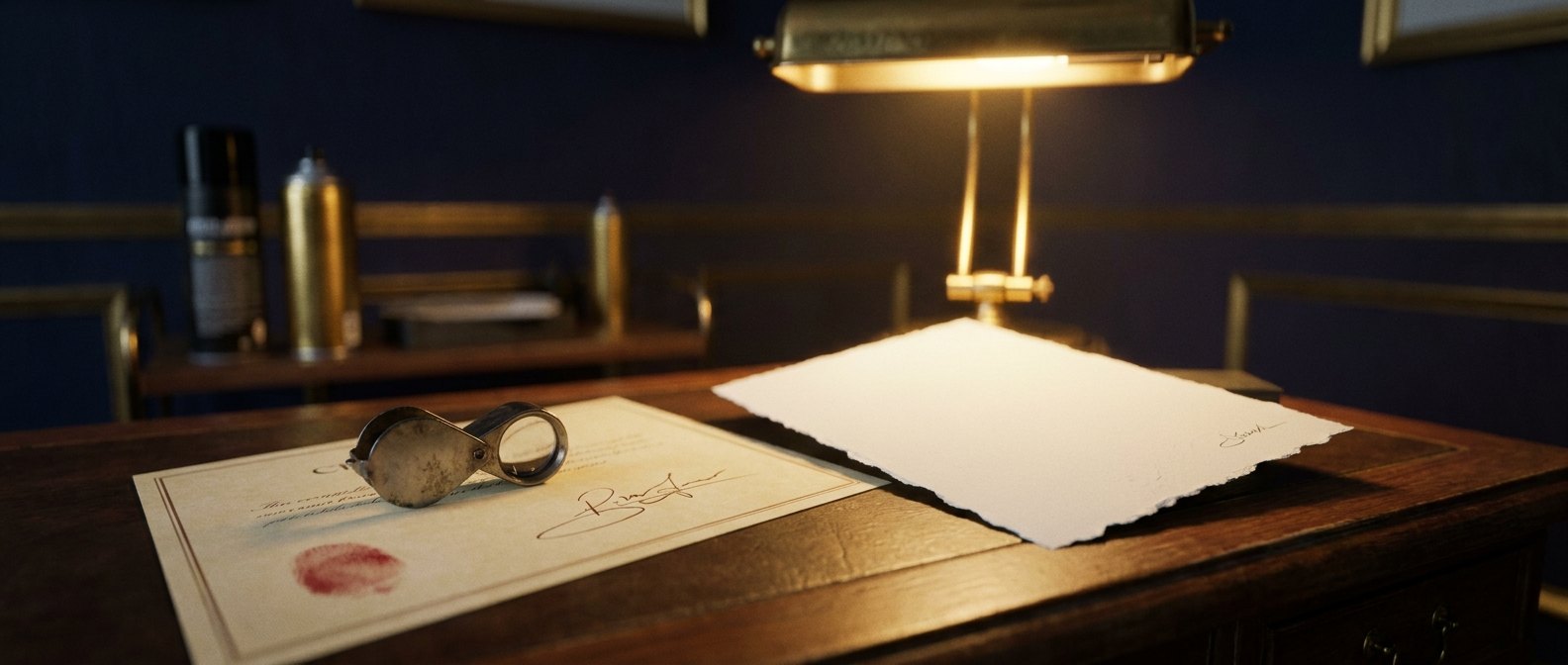 Art-authentication desk: a jeweler's loupe over a certificate bearing a red thumbprint, beside a signed deckle-edge print